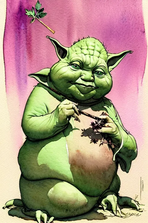 Image similar to a realistic and atmospheric watercolour fantasy character concept art portrait of a fat yoda with pink eyes giggling and holding a blunt with a pot leaf nearby, by rebecca guay, michael kaluta, charles vess and jean moebius giraud