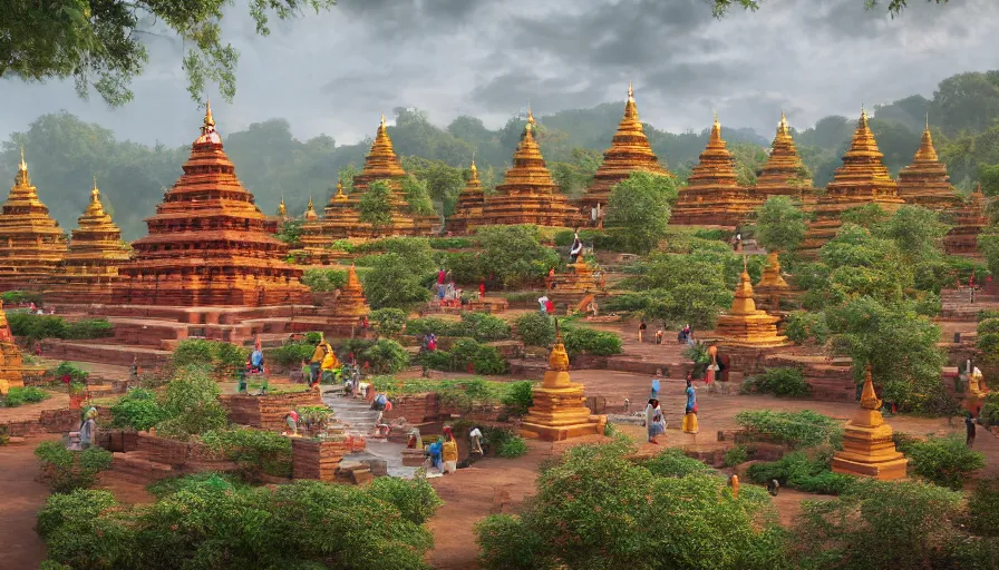 Prompt: matte painting of a beautiful mon - dvaravati village buddhist temple and stupa made by brick, crowded village, digital art, trending on artstation