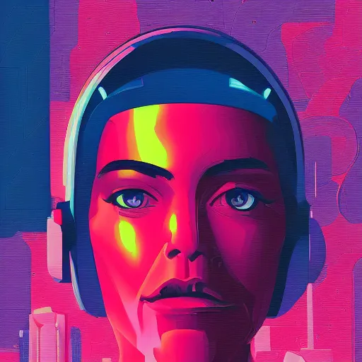 Image similar to a graph - style gouache impasto huge robot head in front of her, cyberpunk art by by james gilleard, cgsociety, retrofuturism, synthwave, retrowave, outrun