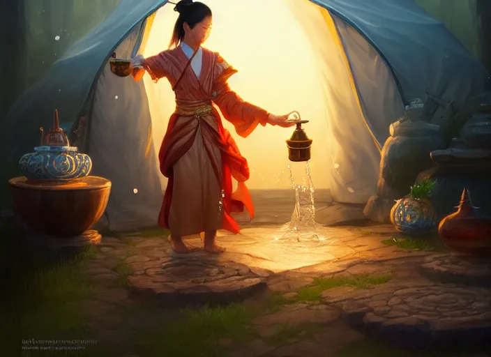Prompt: full portrait of asian mage merchant doing water magic at her tent. intricate, elegant, highly detailed, digital painting, artstation, concept art, smooth, sharp focus, illustration, by justin gerard and artgerm, 8 k