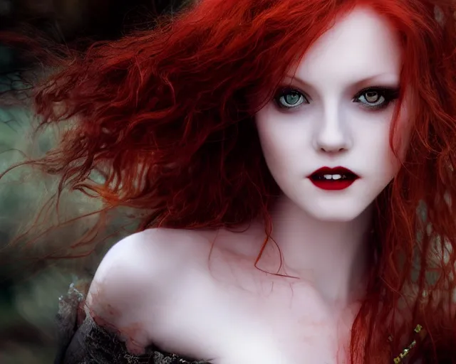 Image similar to award winning 5 5 mm close up face portrait photo of an anesthetic and beautiful redhead vampire lady who looks directly at the camera with blood - red wavy hair, intricate eyes that look like gems, and long fangs, in a park by luis royo. rule of thirds.