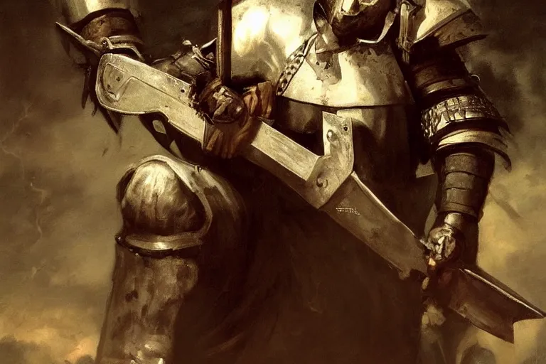 Image similar to portrait, realistic painting image about a templar knight has a chainsaw, versus a monster. dramatic scene, horror, dramatic lighting realism, created by gustave courbet and michaelangelo, trending in artstation, fine art, smooth draw with oil painting.