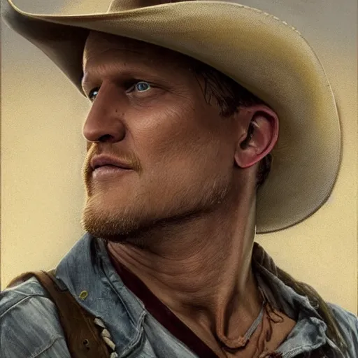 Prompt: portrait painting [ woody harrelson ] from zombieland with a cowboy hat and bloody golf club, ultra realistic, concept art, intricate details, eerie, highly detailed, photorealistic, octane render, 8 k, unreal engine. art by artgerm and greg rutkowski and alphonse mucha