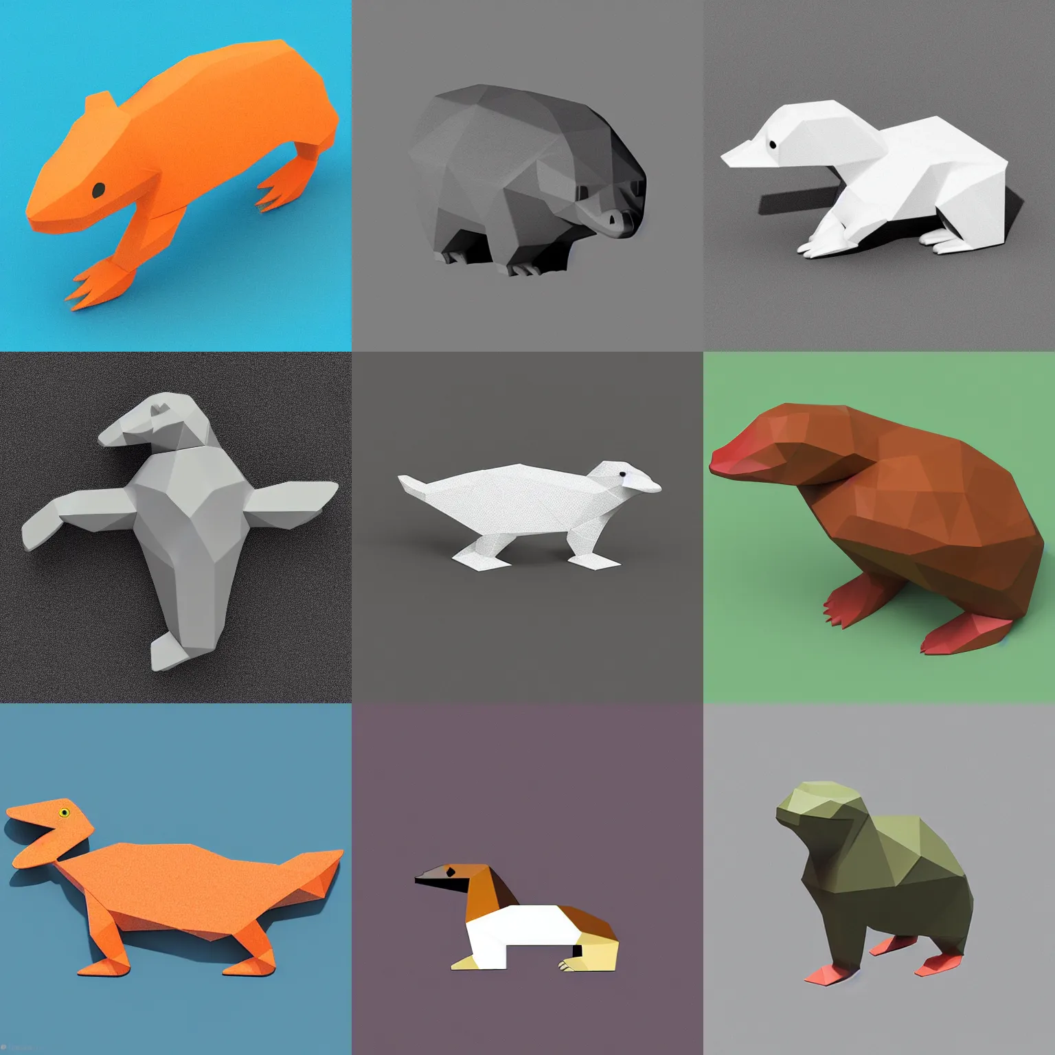 Prompt: “Low polygon render of a Platypus on a white background, isometric 3d, ultra HD”