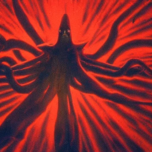 Image similar to the filmic anti - christ rising from a red ocean. alien squid appear. ominous. vivid color detailed photograph from a 1 9 9 0 s horror movie.