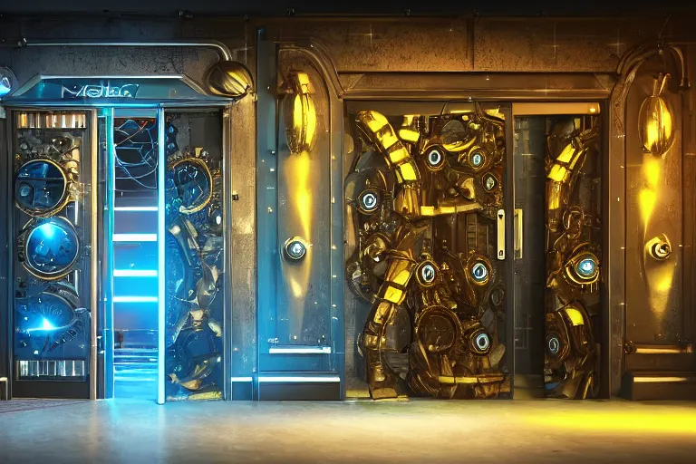 Image similar to entrance door to a futuristic nightclub, in front of the door are 7 golden and blue metal humanoid steampunk robots wearing and gears and tubes, eyes are glowing red lightbulbs, shiny crisp finish, 3 d render, 8 k, insaneley detailed, fluorescent colors, background is back yrad of a nightclub, nightlight