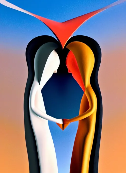 Image similar to art by santiago calatrava and salvador dali, perfectly centered symmetrical balanced male and female portrait of man and woman in love sharing one heart. high coherence ; 3 d render 8 k octane ultra hd