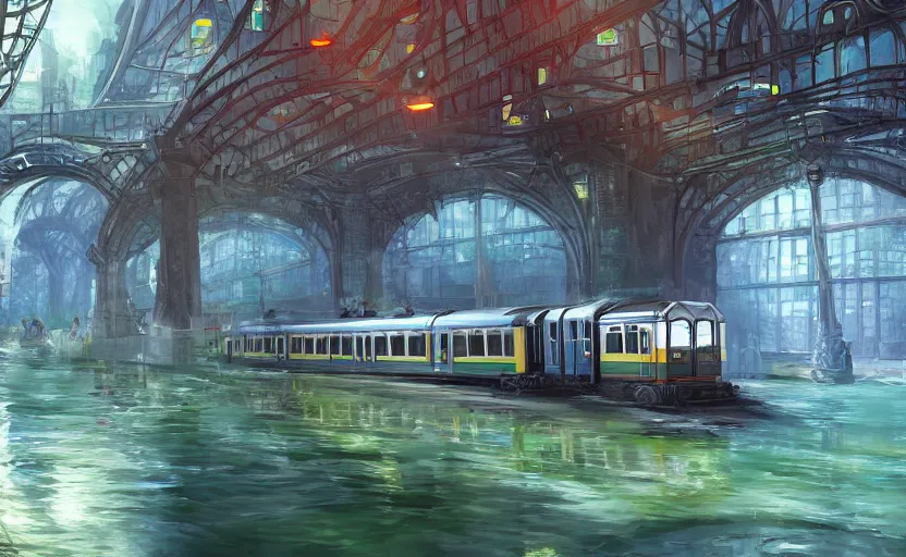 Image similar to An urban train rides inside of a waterway on a fantasy city. Fantasy and concept art, colorful digital painting, unreal engine.