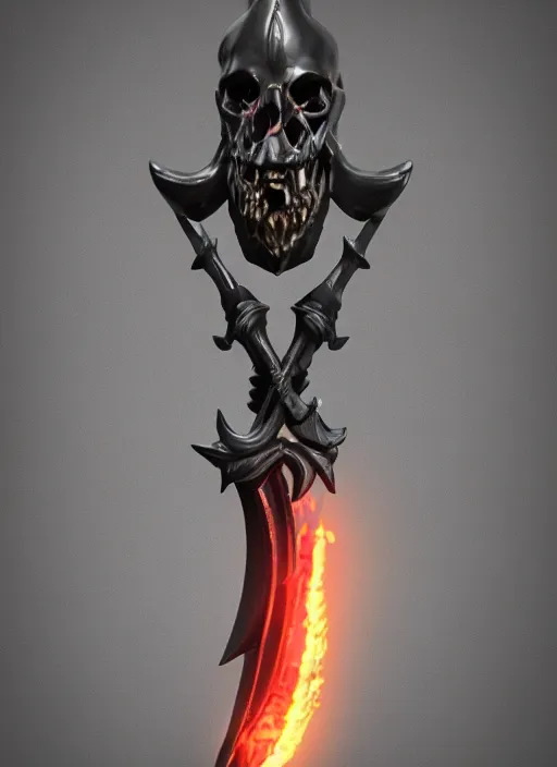 Image similar to a black long sword skull crest, orthographic, ornament, weapon, a 3 d render by dom qwek, front side views full, trending on polycount, artstation, hard surface modeling, rendered in maya, 3 ds max, blender, hd, vray, berserk blood, symmetry