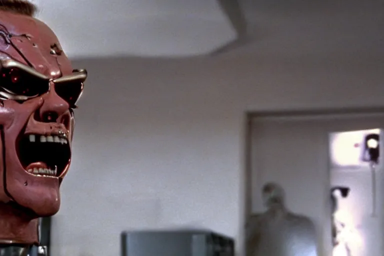 Image similar to Jack Nicholson plays Terminator, scene where his endoskeleton gets exposed, still from the film