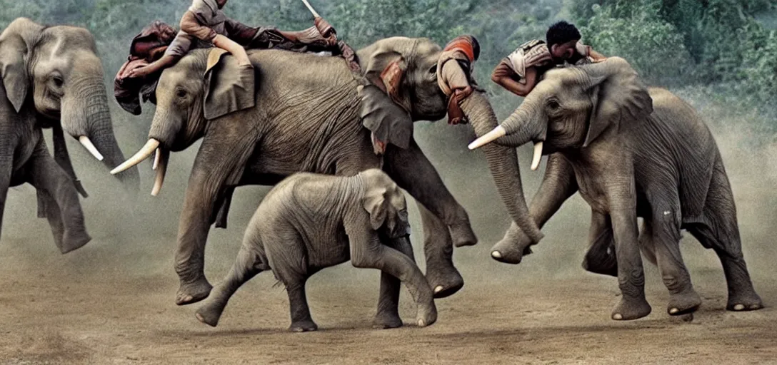 Prompt: a ultra high resolution of the elephant duel of beautiful young warlords who fight on the back of their decorative war elephants in crowd of battlefield, high quality realistic, a colorized photo, colorized, # film, movie still