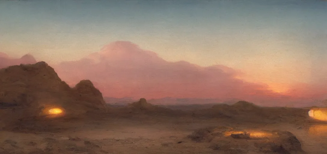 Prompt: beacons of soft light drifting above a desert, classical landscape painting, oil paints, giant ceramic pottery broken and submerged, highly detailed, late evening with pink light on the horizon