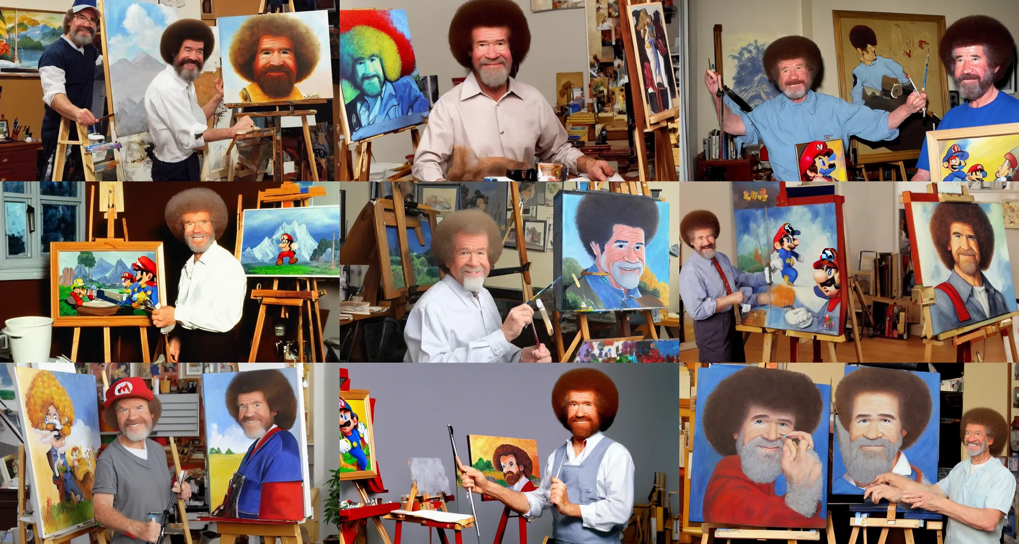 Prompt: bob ross in his office in front of an easel, painting a portrait of mario on the canvas, high quality