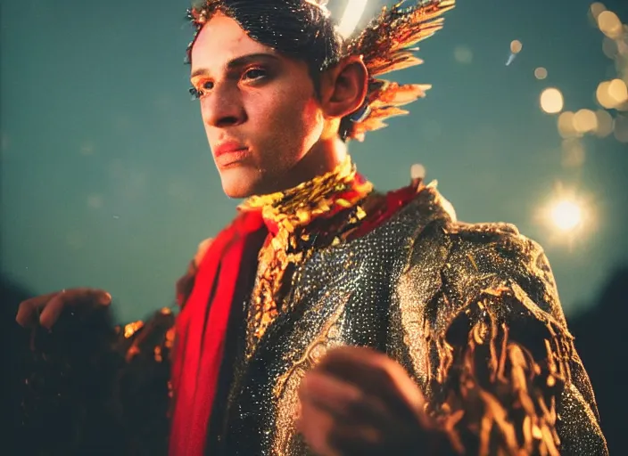 Image similar to closeup of a very very good looking detailed fantasy sorcerer wearing amazing clothes ejects a blast of magic energy from their hands!! dramatically on an empty moonlit hill, dramatic lighting, lens flare, 3 5 mm f 1. 4, professional photography, kodak ektar