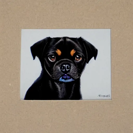 Image similar to portrait of black pugalier dog, by ken done