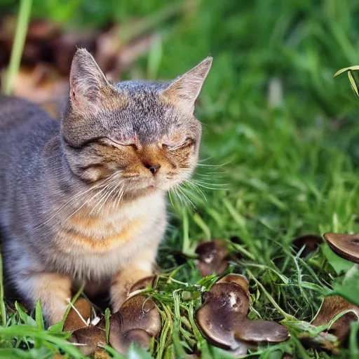 Image similar to a small domestic housecat with a broad mushroom growing atop its head