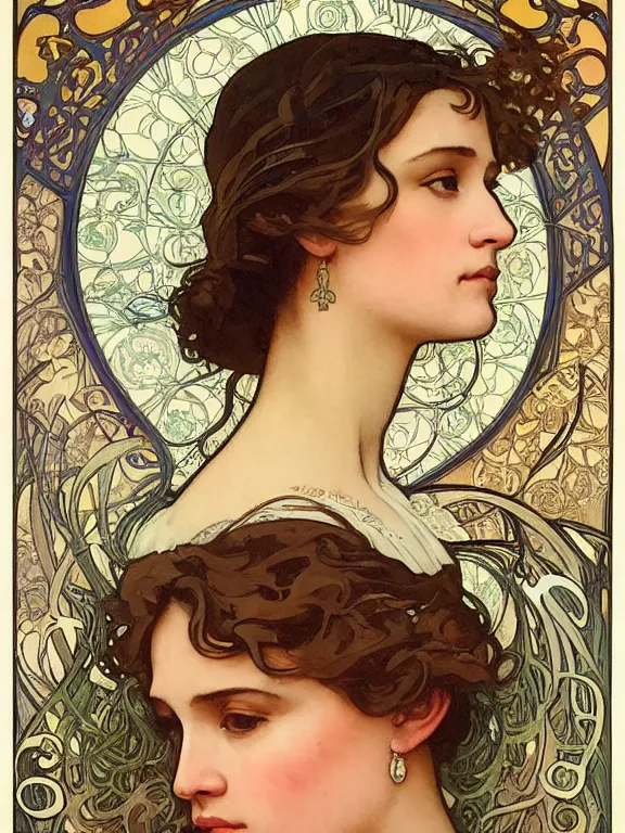 Prompt: an art nouveau mucha poster style head and shoulders portrait oil painting of a pretty young alicia jessica vikander alba surrounded by thousands of spiraling ribbons, intricate, detailed, smooth, complex, elaborate, by alphonse mucha and james gurney and john william waterhouse and bouguereau
