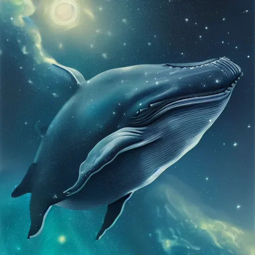 Prompt: portrait of whale swimming on a dark night sky in space, flying across the universe, galaxies, oniric, dreamy, beautiful, highly detailed, realistic, cinematic, dynamic composition, trending on artstation