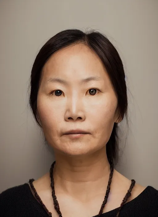 Prompt: portrait of a woman, symmetrical face, her name is ming, she has the beautiful calm face of her mother, slightly smiling, ambient light
