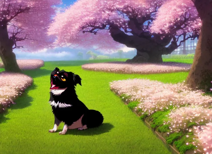Image similar to animation key shot, black tibetan spaniel, jumping, cherry blossoms in background, studio ghibli, pixar, disney animation, sharp, by greg rutkowski, bloom, dramatic lighting
