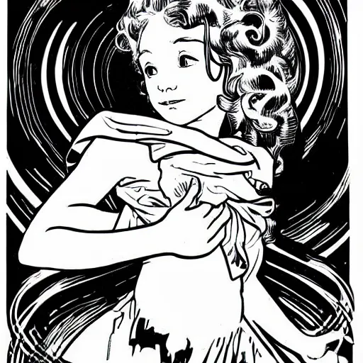 Prompt: clean simple line art of a little girl with wavy curly hair. white background. well composed, clean black and white line drawing, beautiful detailed face. illustration by steve ditko and jack kirby and alphonse mucha