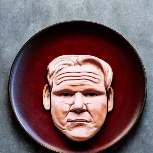 Image similar to gordon ramsay's face on a cooked leg of ham on a plate