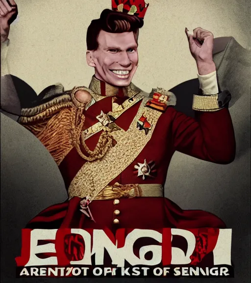 Image similar to propaganda poster smiling jerma as king of england, 8 k, trending on artstation