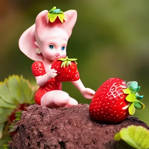 Image similar to a femo figurine of a cute funny strawberry fairy sitting made of strawberry jam