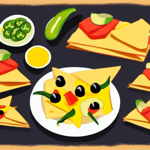 Image similar to cute adobe illustration nachos with cheese and jalapeno illustrations, white background, drawing, cartoon,