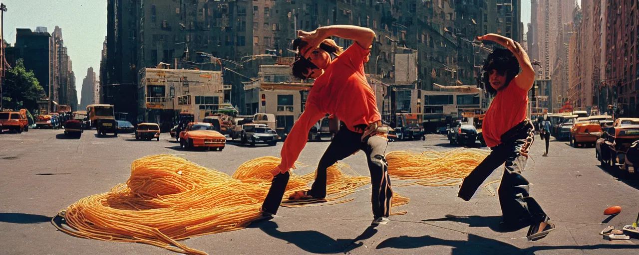 Image similar to 1 9 8 0's breakdancing next to a boombox made of spaghetti nyc, afternoon light, detailed, canon 2 0 mm, wes anderson, kodachrome