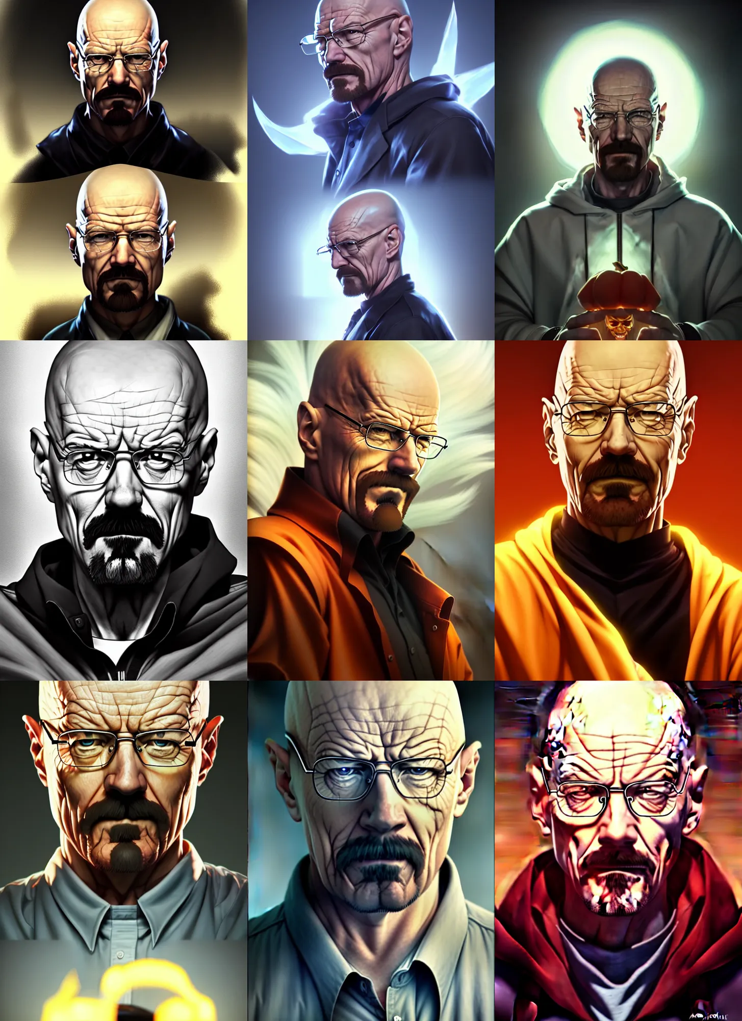 Prompt: beautiful portrait of walter white doing the guilty gear jack - o pose. character design by disney, charlie bowater, ross tran, artgerm, and makoto shinkai, detailed, soft lighting, rendered in octane