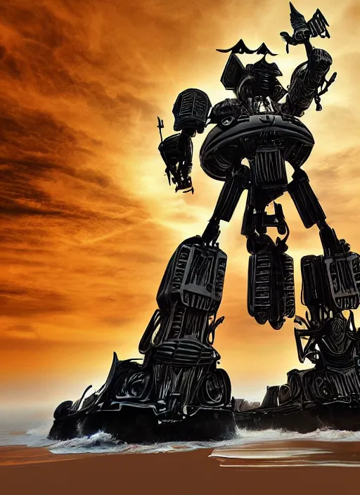 Image similar to A giant bipedal autobot transformer made out of pirate ship, digital art