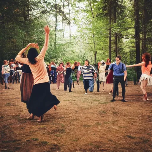 Prompt: people dancing in circles in the forest