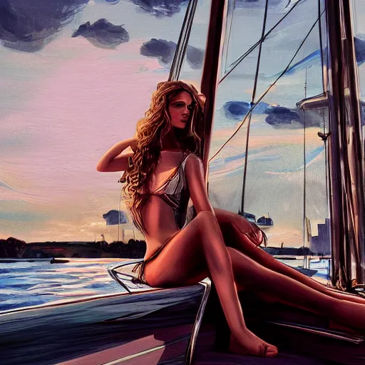 Prompt: beautiful russian models on a yacht, moody lighting, peaceful atmosphere, digital art, highly detailed, high contrast, beautiful lighting, award winning, trending on art station, 8 k,