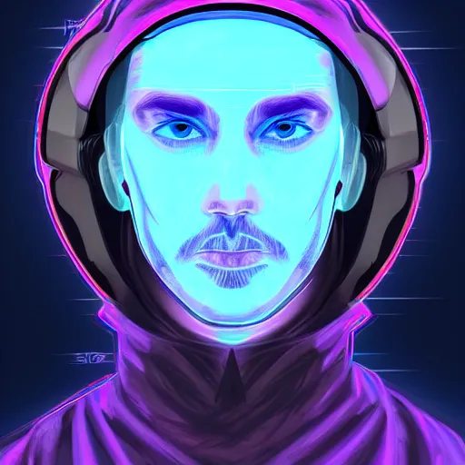 Image similar to a portrait of an ultradetailed futuristic male cyberpunk wearing a hoodie on his head, bearded, deep blue eyes, by dylan kowalski, 8 k, purple neon colours, digital painting