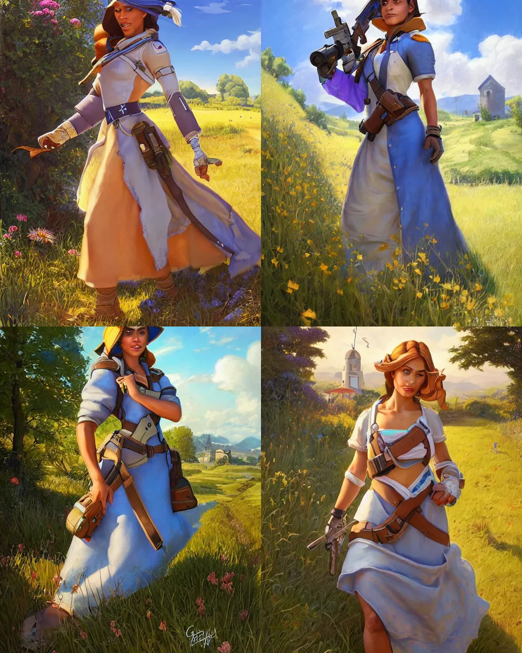 Prompt: portrait, ana from overwatch wearing a beautiful summer dress in the countryside, by greg staples and jeff easley, beautiful scene, hyperrealistic, intricate, summer day, sunlight, cheerful, soft lighting, detailed