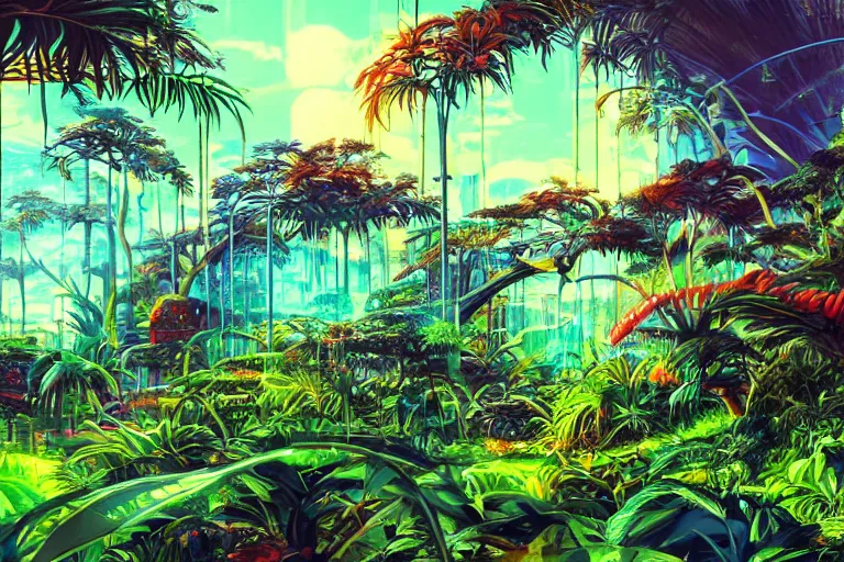 Image similar to retro futuristic jungle, DNA bio experiment, colourful futuristic landcape, neon bright lights, sci-fi concept art, by Studio Ghibli and Syd Mead, highly detailed vegetation, airbrush,