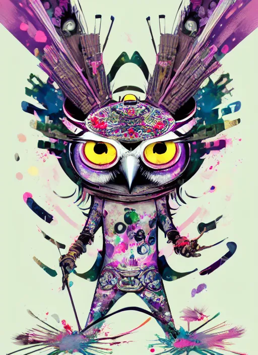 Image similar to arrogant elegant medium shot of white one - eyes owl dressed in samurai garment, pixiv fanbox, dramatic lighting, maximalist pastel color palette, splatter paint, pixar and disney exploded - view drawing, graphic novel by fiona staples and dustin nguyen, peter elson, alan bean, wangechi mutu, clean cel shaded vector art, trending on artstation