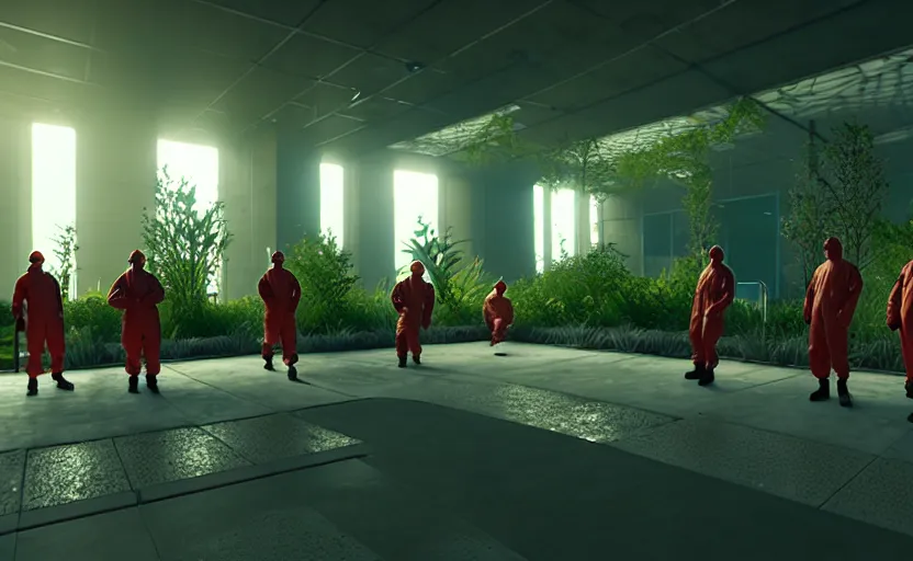 Image similar to in-game screenshot of a group of hazmat scientists on unreal engine 5, in a liminal underground garden, photorealistic, retrofuturism, brutalism, staggered terraces, minimalist, soft vintage glow