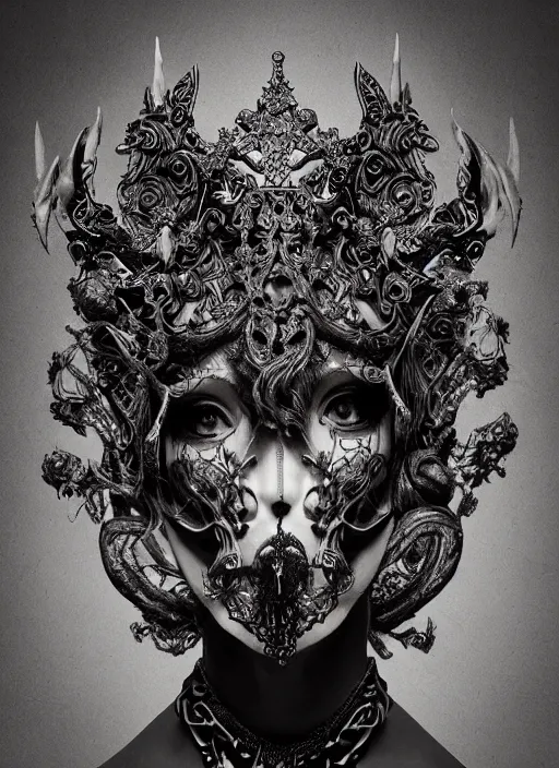 Image similar to a portrait of female by nekro borja, photorealistic, intricate details, hyper realistic, fantasy, elegant, baroque, horn, ram skull headpiece, photorealistic, photography, symmetrical features, symmetrical pose, wearable art, unreal engine,