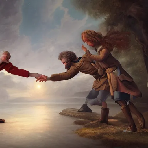 Image similar to isaac newton and leibniz fighting over calculus, detailed, centered, digital painting, artstation, concept art, in the style of a pixar film, breathtaking, 8 k resolution, extremely detailed, beautiful, establishing shot, artistic, hyperrealistic, octane render, cinematic lighting, dramatic lighting,