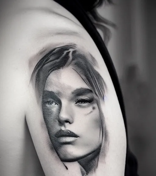 Image similar to tattoo design sketch of an extremely beautiful woman face with a faded background of beautiful mountains on her side, hyper - realistic, double exposure effect, in the style of matteo pasqualin, amazing detail, black and white, faded
