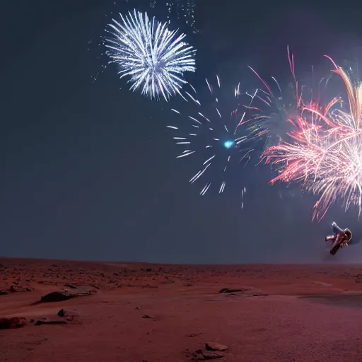 Prompt: 4 k hdr photo of elon musk doing a backflip on the surface of mars during a blue martian sunset surrounded by fireworks in the background