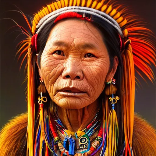 Image similar to portrait of an aboriginal paiwan woman ( 3 5 ) from taiwan in 2 0 2 1, an oil painting by ross tran and thomas kincade