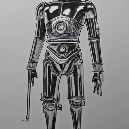 Image similar to full body black and white pencil sketch of muscular C3PO
