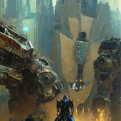 Image similar to six meters tall mech fighting in an urban environment, epic action scene, by gaston bussiere craig mullins jc leyendecker gustav klimt artgerm greg rutkowski john berkey, bergey, craig mullins, ruan jia, raymond swanland, jeremy mann, tom lovell, alex malveda