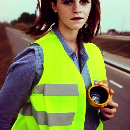 Image similar to photo, close up, emma watson in a hi vis vest picking up trash on the side of the interstate, portrait, kodak gold 2 0 0,