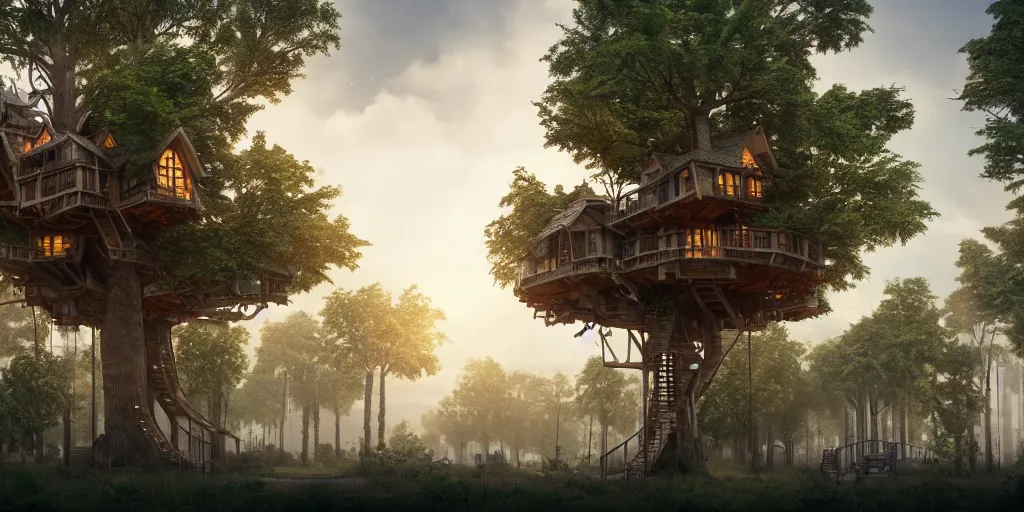 Prompt: a treehouse city, highly detailed, 8 k, hdr, award - winning, octane render, artstation, volumetric lighting