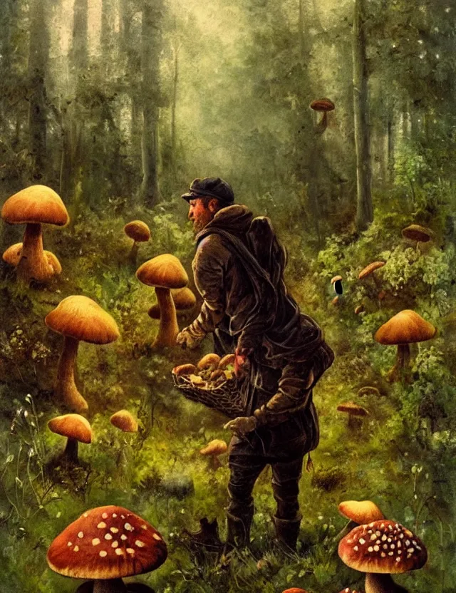 Prompt: joe rogan collecting mushrooms. gouache fairytale art, russian romanticism, muted palette, backlighting, depth of field