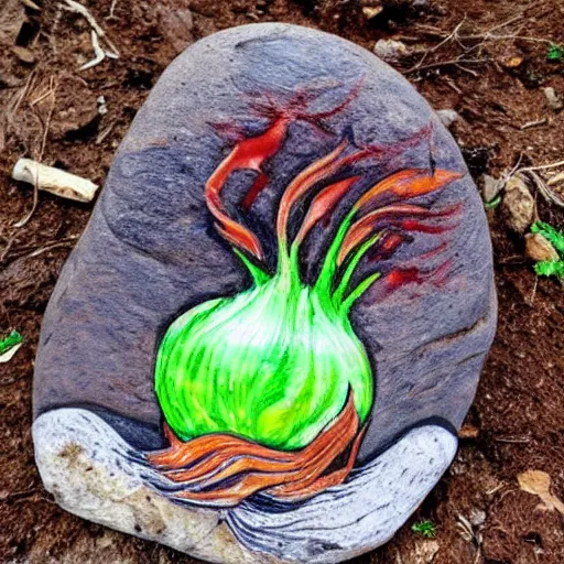 Prompt: Onion on fire drawing carved on a rock